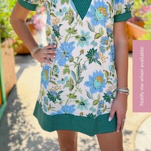 entro Floral V‑Neck Mini Dress in White, Blue & Green